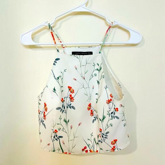 Zara Women Delicate Floral Off-White Halter Spaghetti Strap Crop Top - Picture 1 of 3